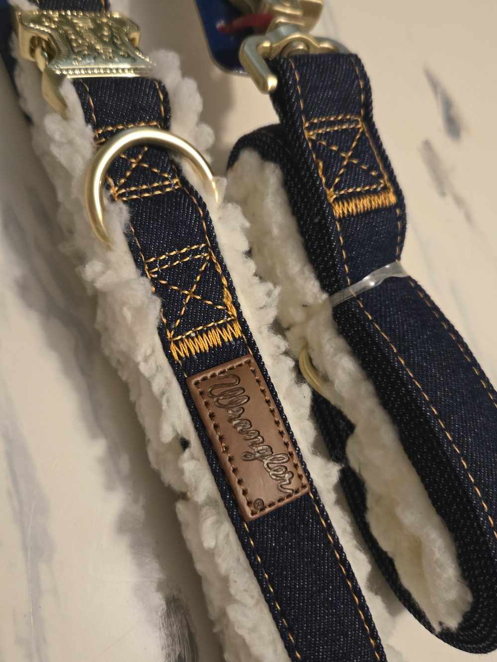 Wrangler Navy Denim Dog Collar with White Sherpa Lining and Gold Hardware